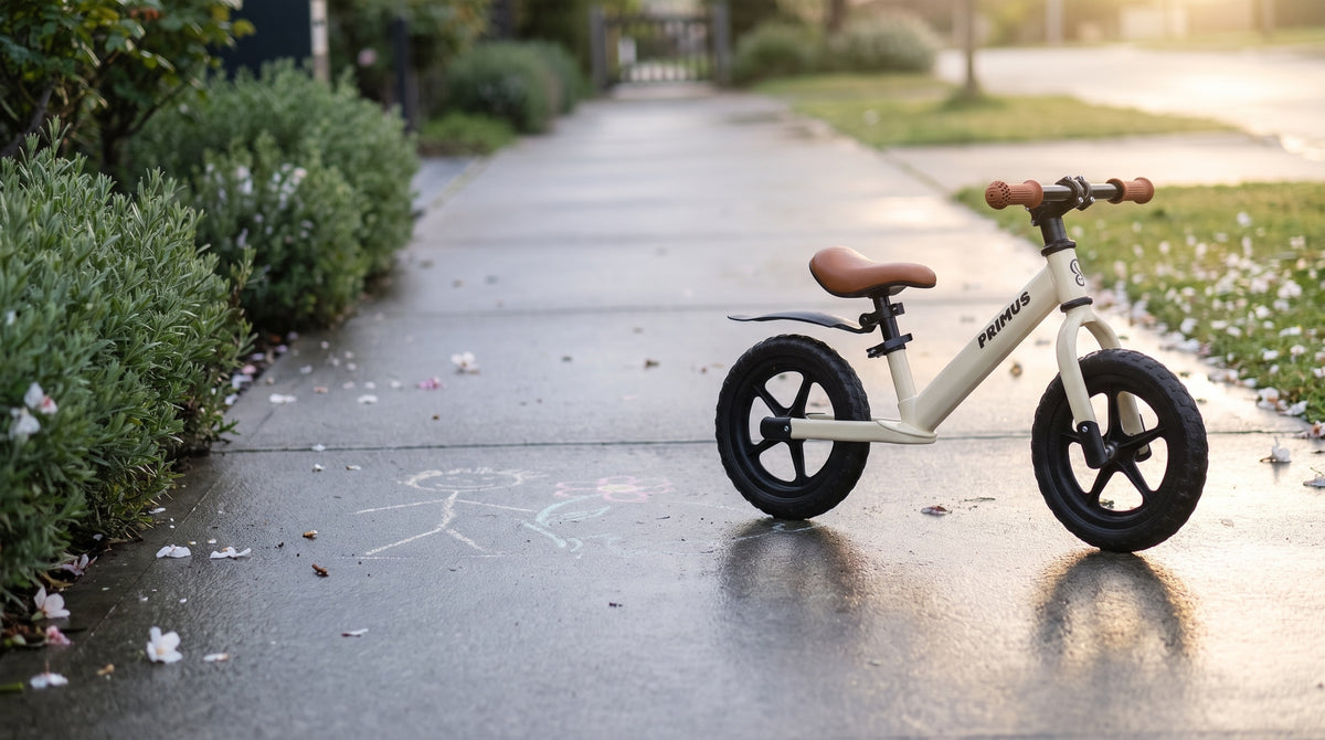 Primus balance bike on a garden path in the early morning