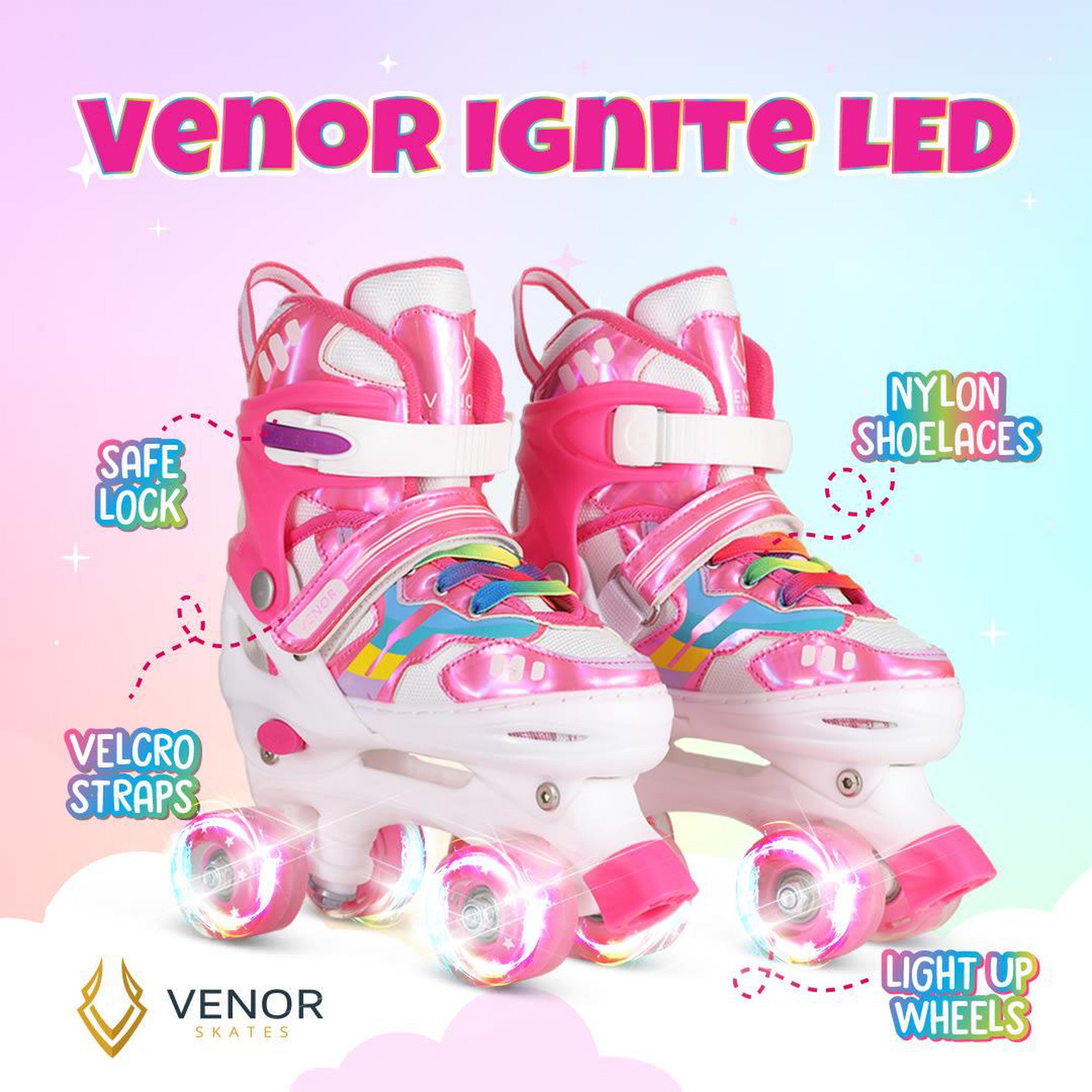 VENOR Ignite LED Quad Roller Skates - Shiny Pink – ScootWorld